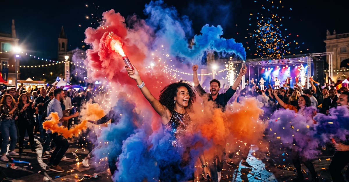 Fumigènes colorés en action avec nuages de fumée rouge, bleu et violet – durée fumigène de 30s à 2min