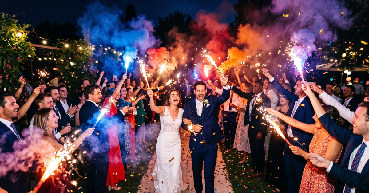 Feux de Bengale colorés illuminant la nuit avec des étincelles rouges, oranges et violettes lors d'une fête