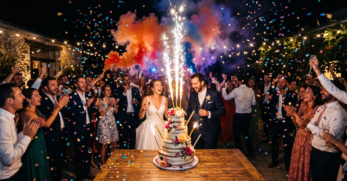 Fontaine à gâteau pyrotechnique projetant des étincelles dorées sur un gâteau de fête
