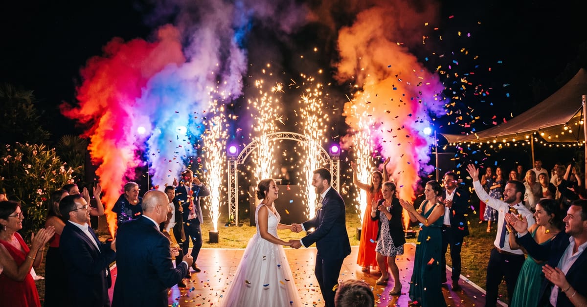 Fontaine lumineuse mariage sur gâteau avec étincelles dorées lors d'une cérémonie nocturne festive