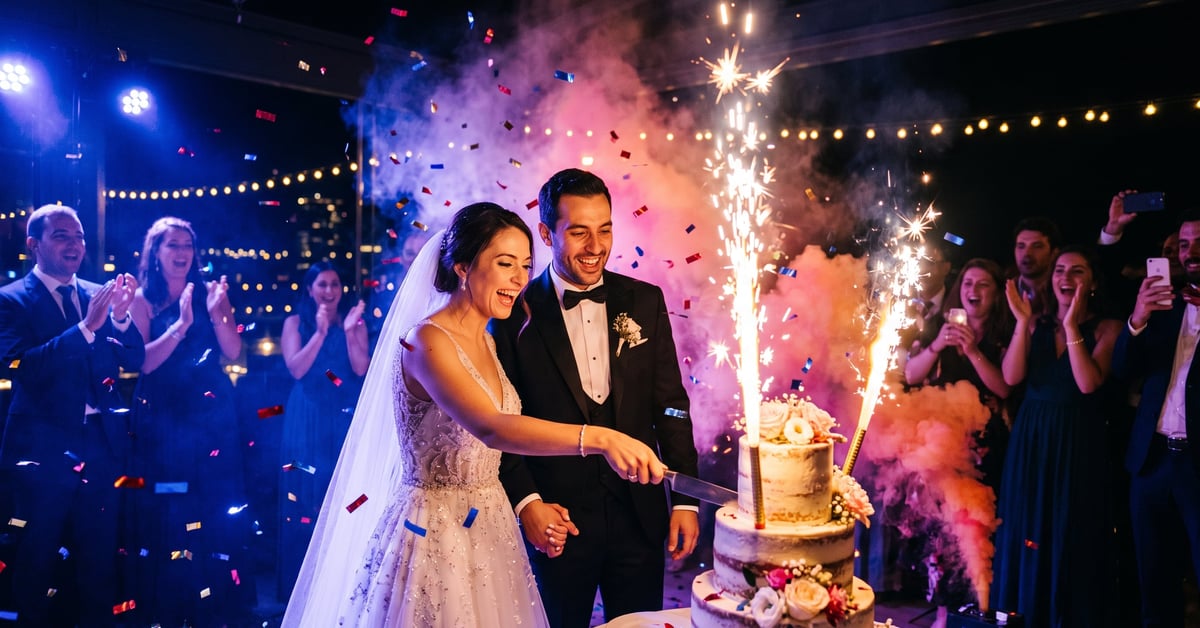 Fontaine lumineuse mariage sur gâteau de mariage avec effets d'étincelles spectaculaires