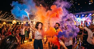 Fumigène à goupille et fumigène à mèche côte à côte, fumée colorée rouge et bleue