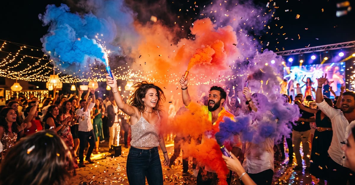 Fumigène à goupille et fumigène à mèche côte à côte, fumée colorée rouge et bleue