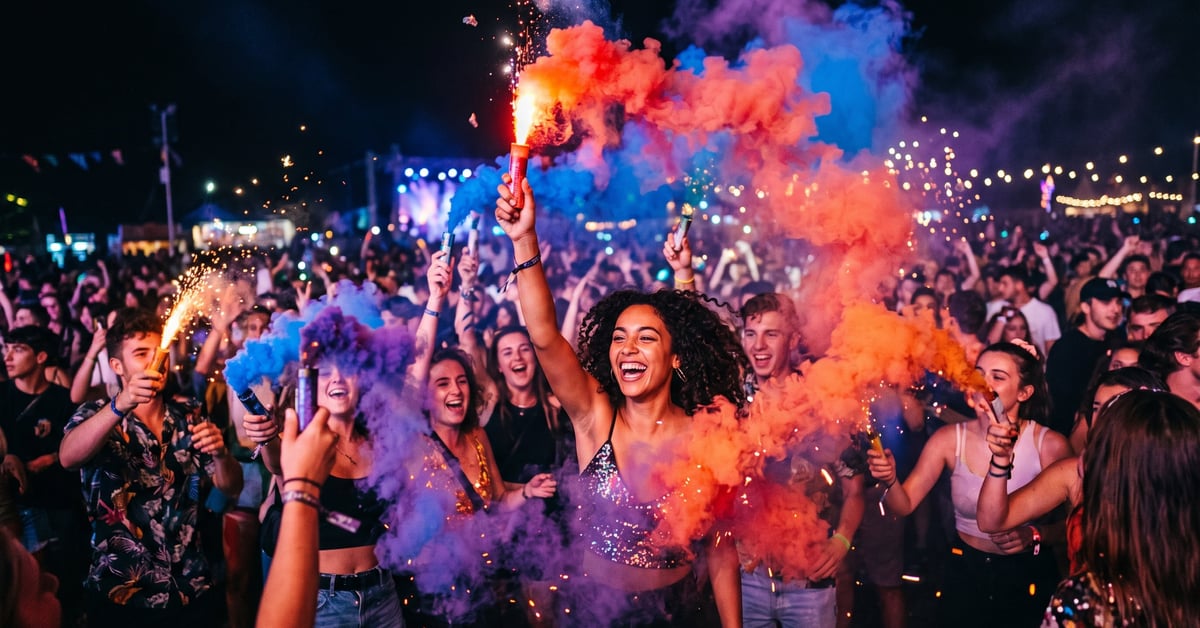 Fumigène à main coloré produisant une fumée vive rouge et bleue lors d'un événement festif nocturne