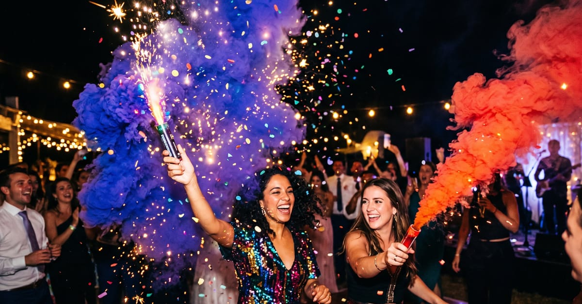 Fumigène à main coloré produisant une épaisse fumée violette lors d'un événement festif nocturne