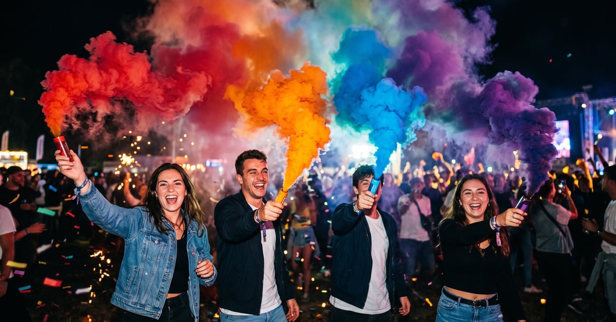 Fumigènes colorés en action – blanc, rose, vert et violet – lors d'un événement festif nocturne