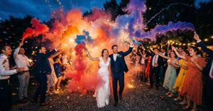 Fumigène photo coloré produisant une fumée rouge et bleue lors d'une séance photo nocturne spectaculaire