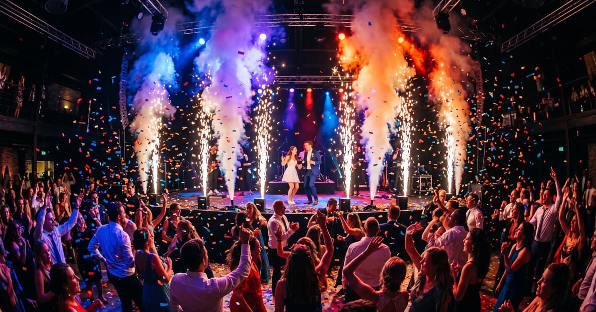 Jet de scène intérieur et extérieur : effets pyrotechniques colorés lors d'un événement festif nocturne