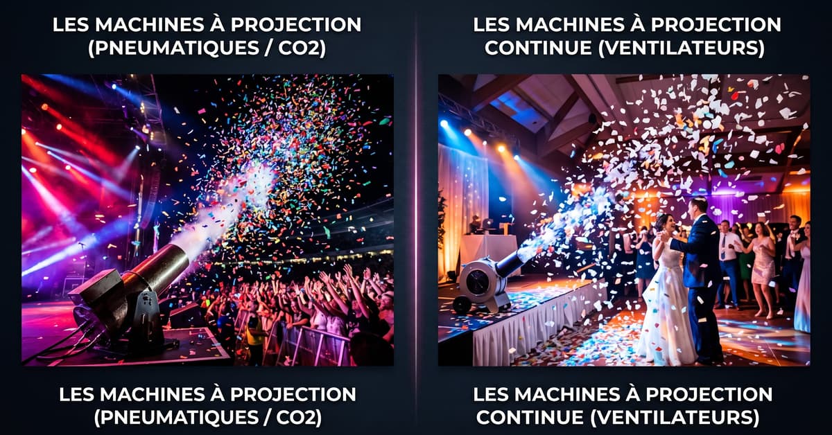 Machine à confettis électrique et CO2 en action lors d'un événement festif avec confettis colorés