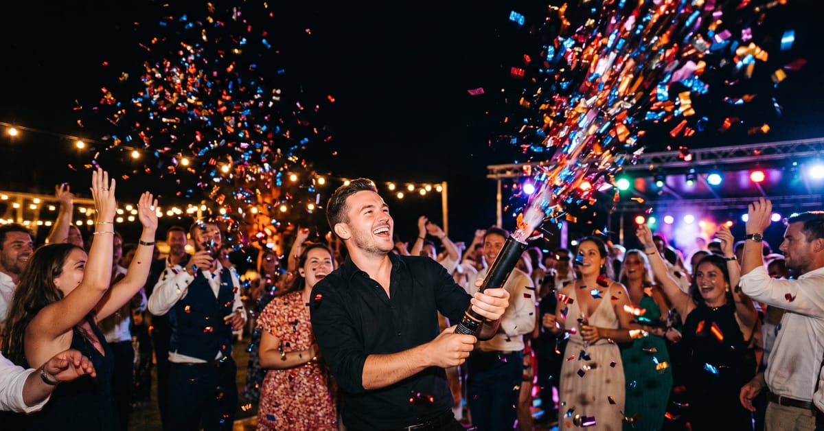 Pistolet à confettis en action lors d'une fête, avec une explosion de confettis colorés dans les airs