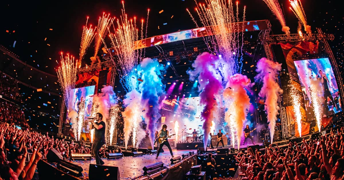 Jets de scène synchronisés avec la musique lors d'un spectacle nocturne aux effets pyrotechniques colorés