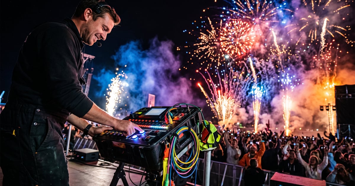 Table de tir pyrotechnique professionnelle lors d'un spectacle nocturne avec effets colorés