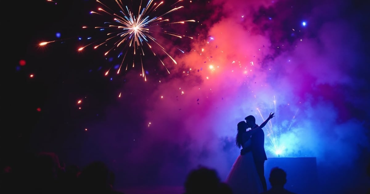 Accessoires mariage pyrotechnie : étincelles et fumigènes colorés illuminant une cérémonie nocturne