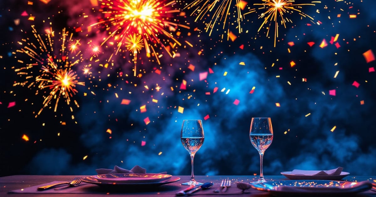 Déco table mariage festive avec effets pyrotechniques, fumigènes colorés et confettis lors d'une réception nocturne