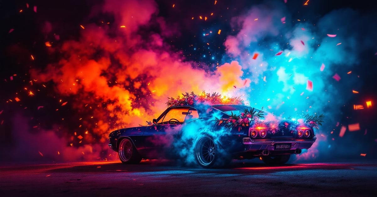 Décoration voiture mariage avec fumigènes colorés et confettis lors d'un cortège festif