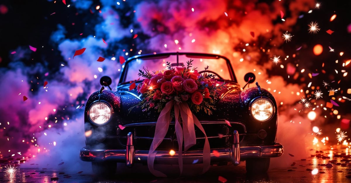 Décoration voiture mariage avec rubans blancs, tulle et fleurs fraîches sur une voiture élégante