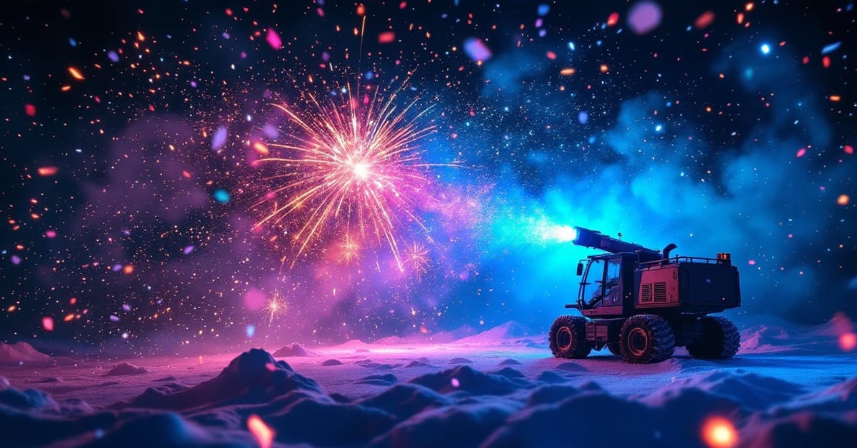 Machine à neige en action lors d'un événement festif nocturne, effets atmosphériques spectaculaires