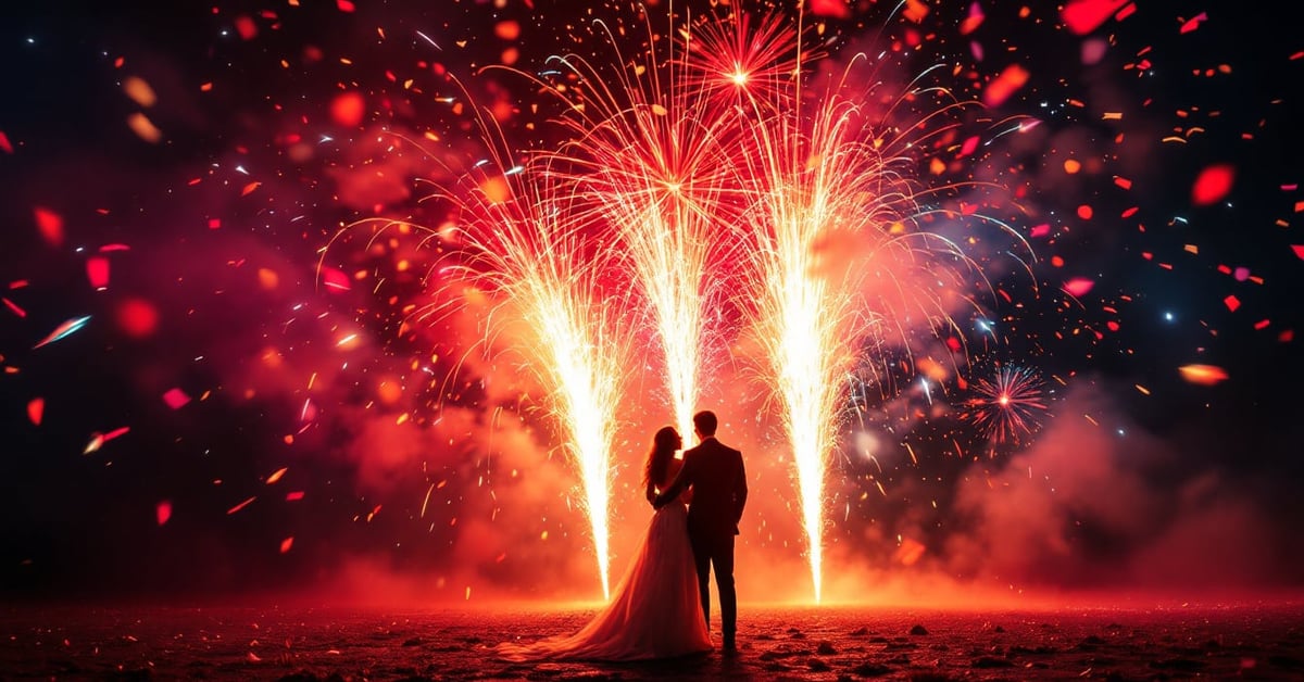 Étincelles mariage dorées illuminant la première danse des mariés dans une salle festive
