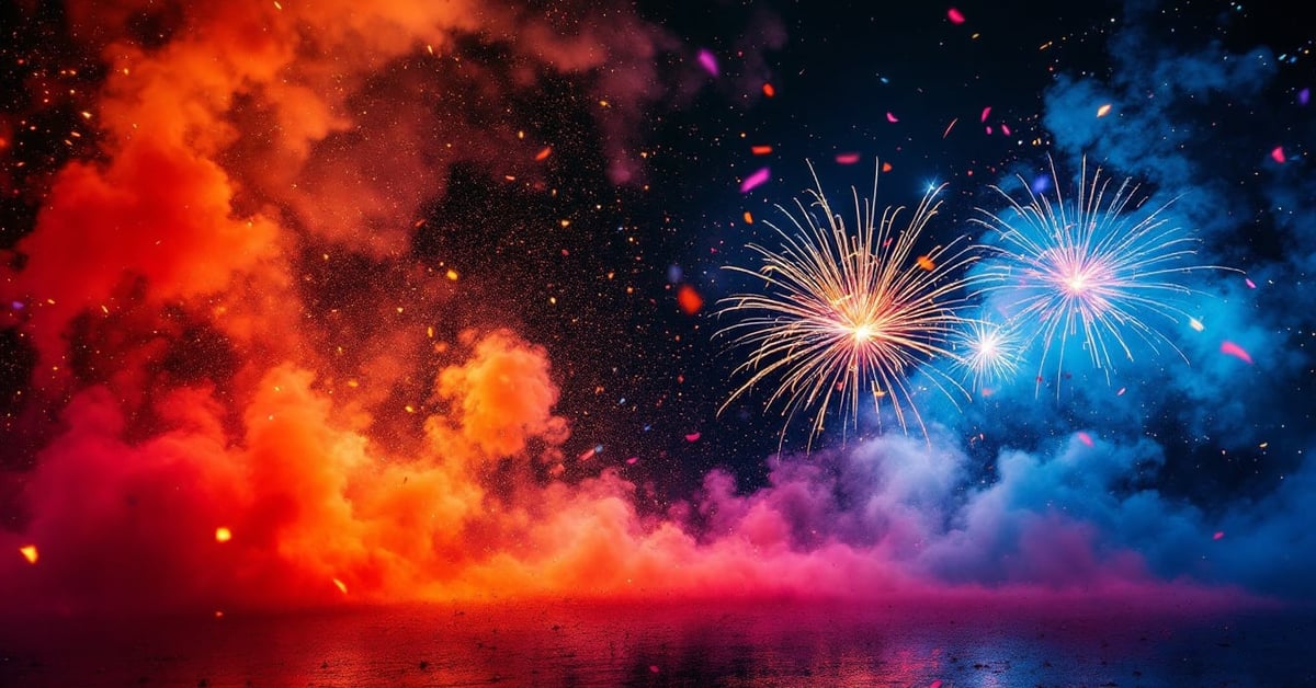 Couple de mariés entourés de fumigènes colorés rouges et violets lors de leur cérémonie