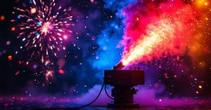 Machine à fumée colorée en action lors d'un événement festif nocturne avec effets de fumée rouge et violet