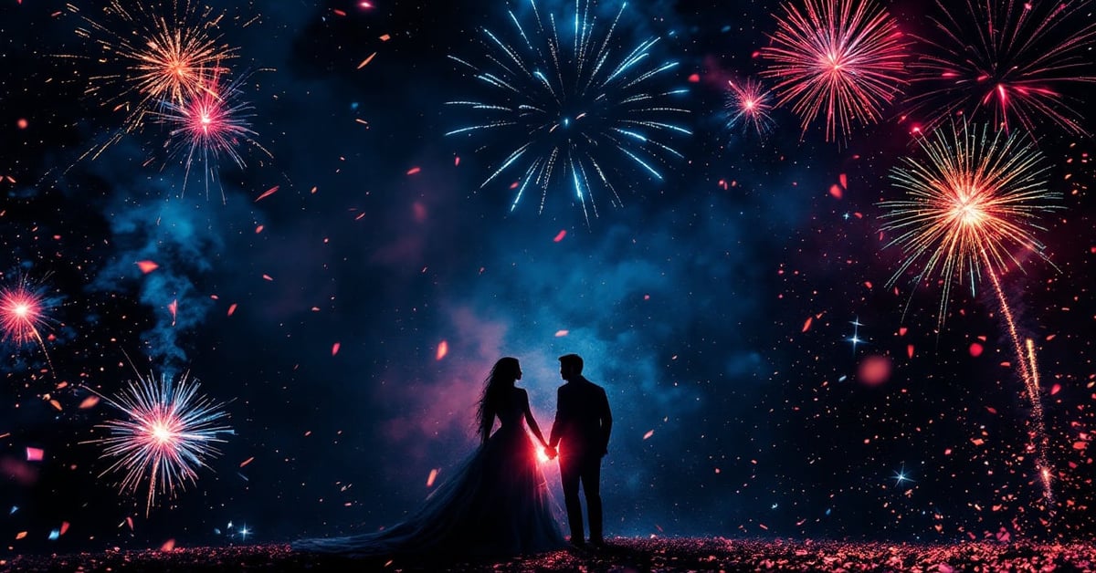 Peinture explosive mariage : couple entouré de fumigènes colorés rouge, bleu et violet lors d'une color party