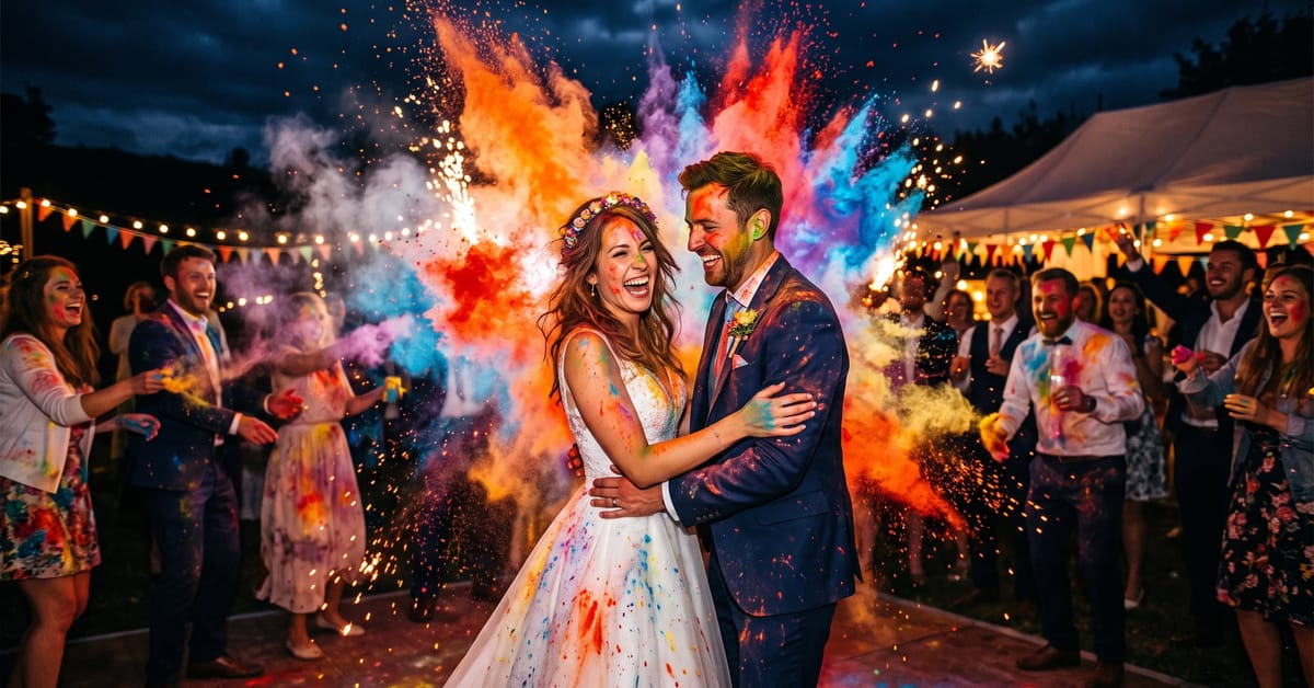 Color party mariage avec peinture explosive colorée en rouge, bleu et violet sur fond sombre