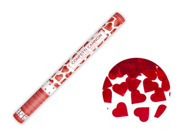 Canon à confettis cœurs rouges 60 cm avec confettis métallisés