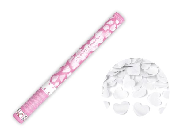 Canon à confettis cœurs blancs 60 cm avec confettis en papier de soie