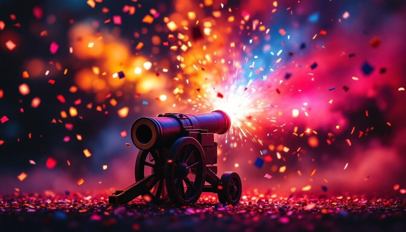 Canon à confettis explosant des confettis colorés lors d'une fête nocturne avec ambiance festive et dynamique