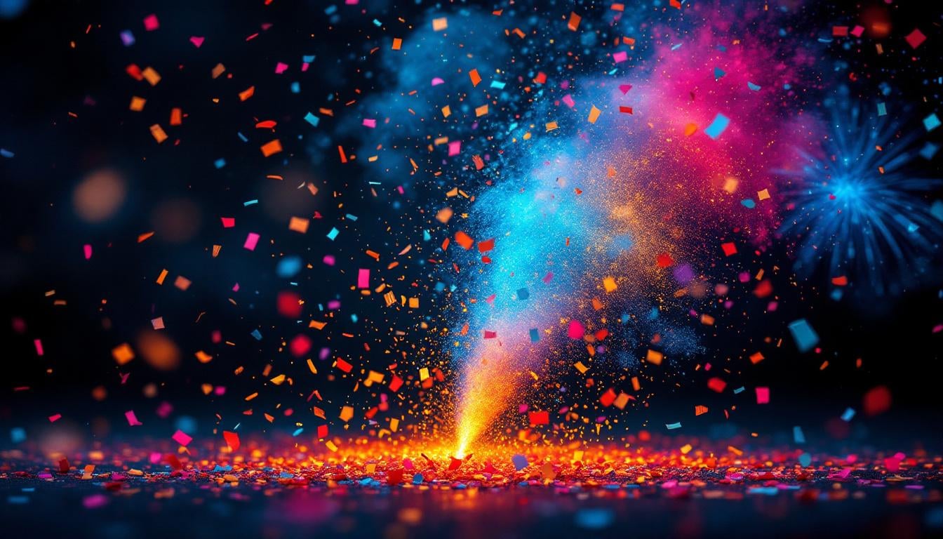 Confettis multicolores de différentes formes et matières en vol lors d'une fête, ambiance festive éclatante