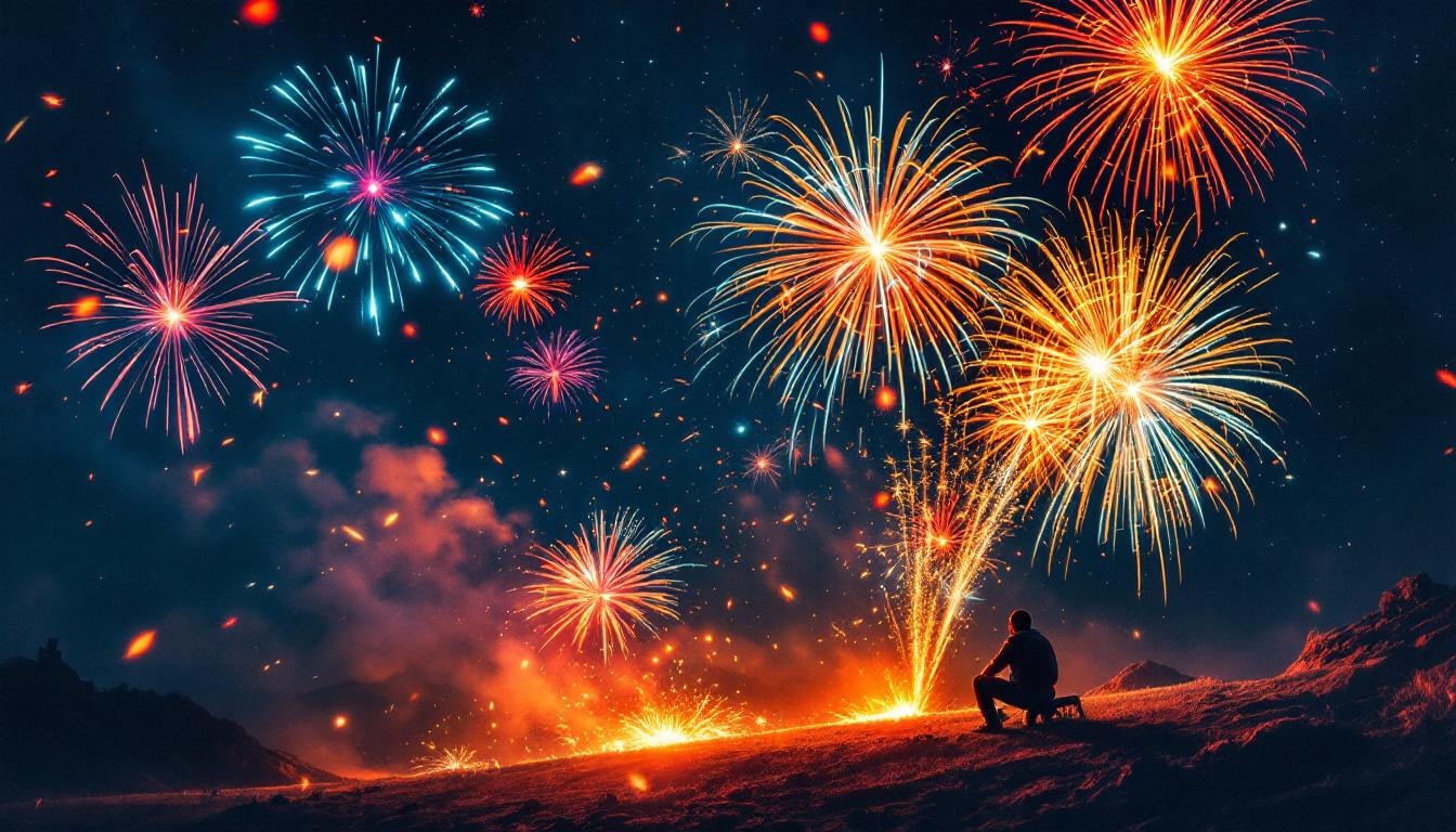Préparation du terrain avant de tirer des feux d'artifice lors d'une fête nocturne colorée