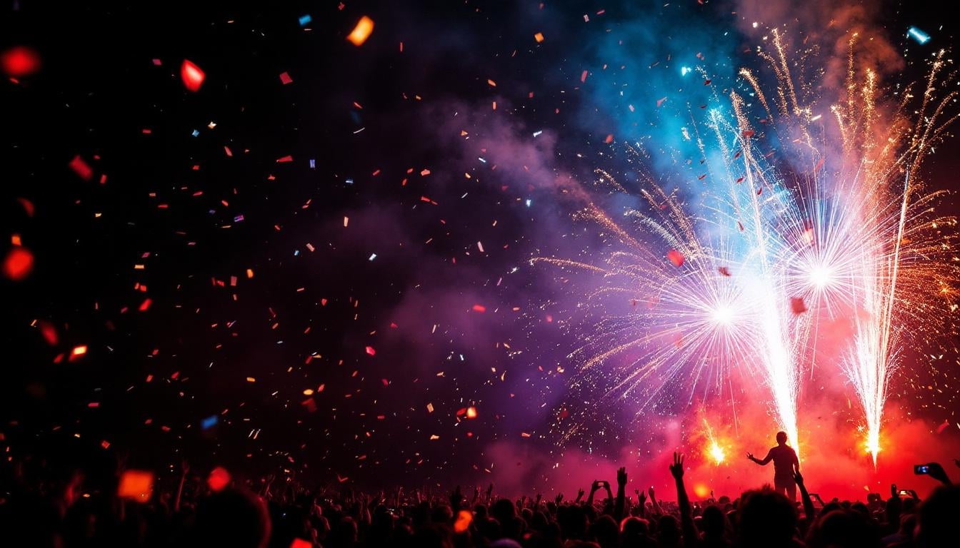 Jets de scène pyrotechniques en night-club avec étincelles dorées et lumières violettes sur fond sombre