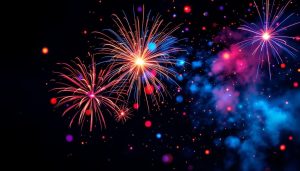 Feux d'artifice anniversaire colorés explosant dans le ciel nocturne en rouge, bleu et violet
