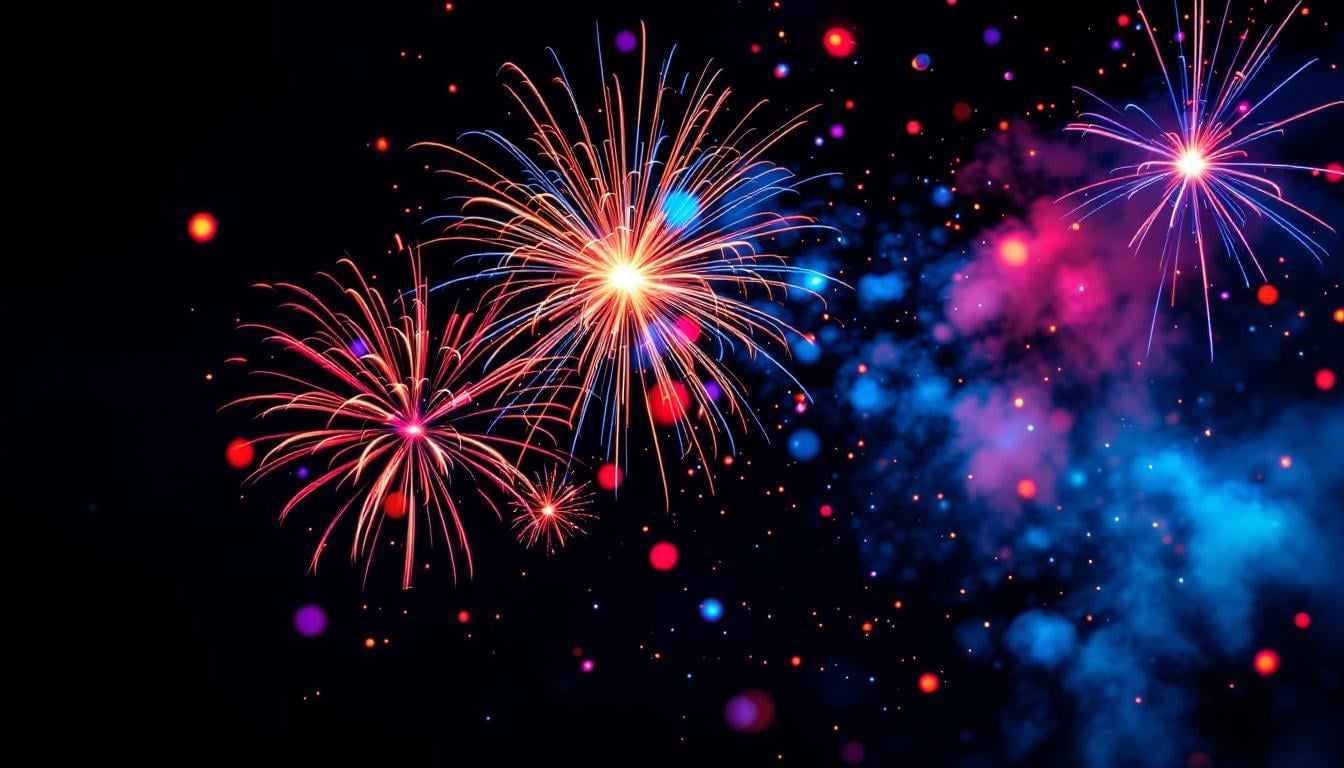 Feux d'artifice anniversaire colorés explosant dans le ciel nocturne en rouge, bleu et violet