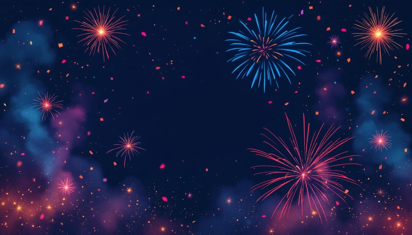 Feux d'artifice anniversaire colorés illuminant un ciel nocturne en rouge, orange, bleu et violet