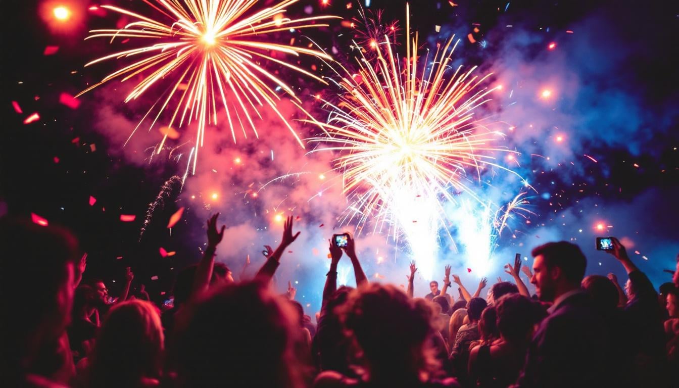 Feux d'artifice colorés illuminant le ciel nocturne lors d'un mariage féerique