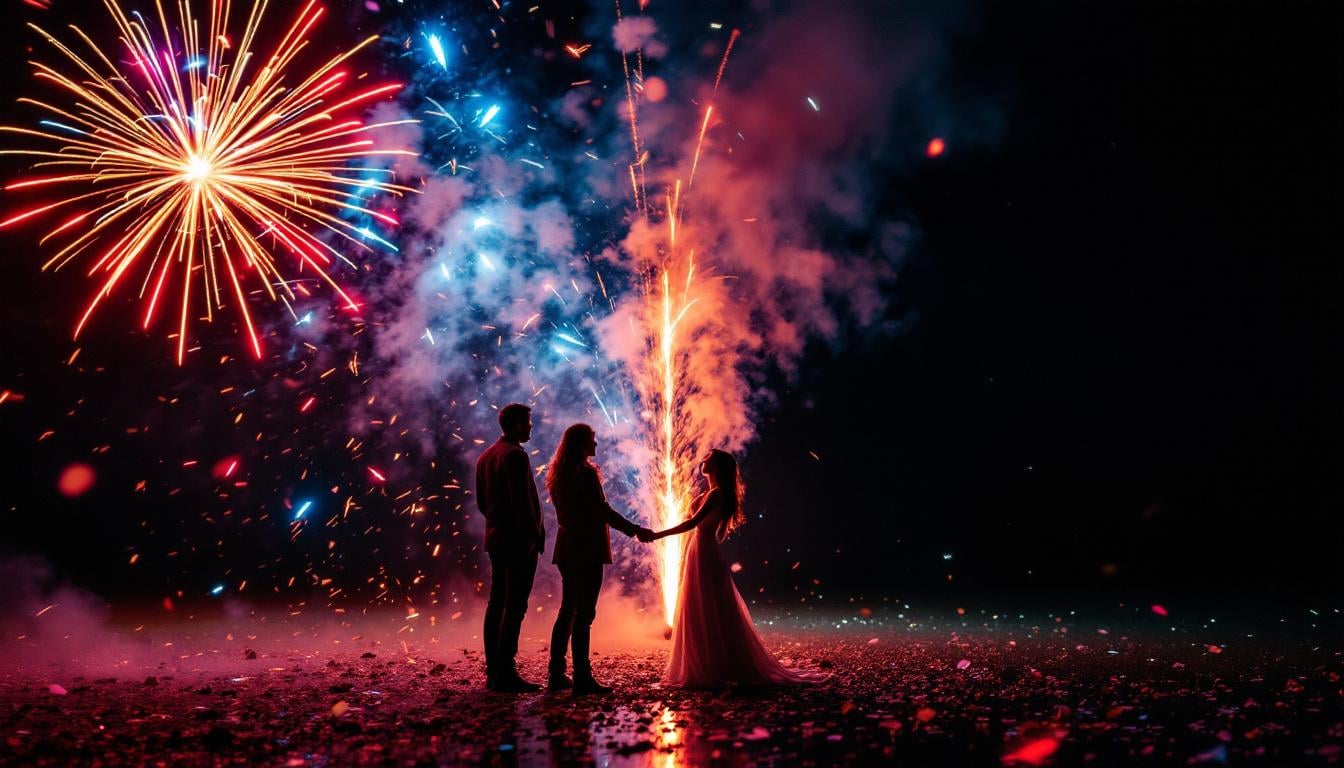 Feux d'artifice mariage nocturne avec explosions colorées rouges, bleues et violettes illuminant le ciel