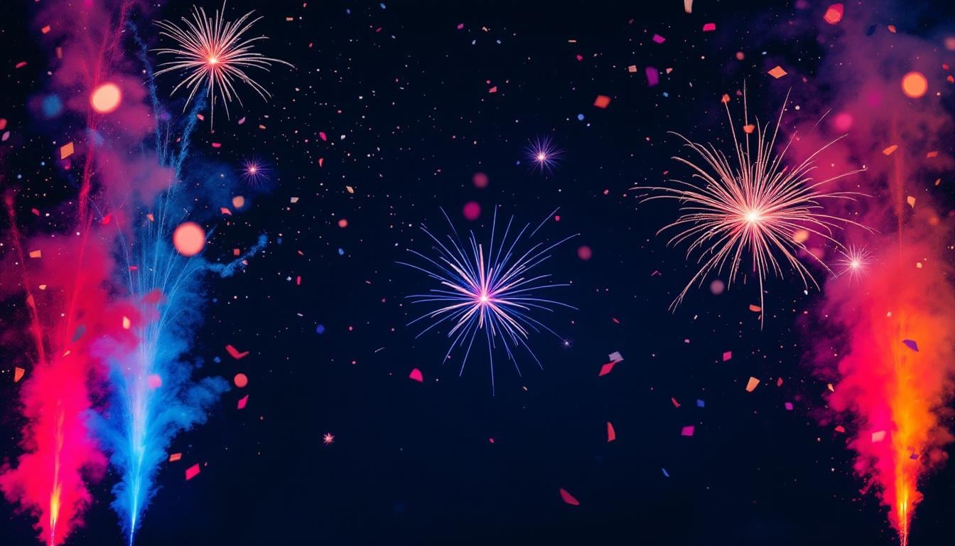 Feux d'artifice mariage spectaculaires la nuit avec lumières colorées violettes et dorées lors d'une cérémonie