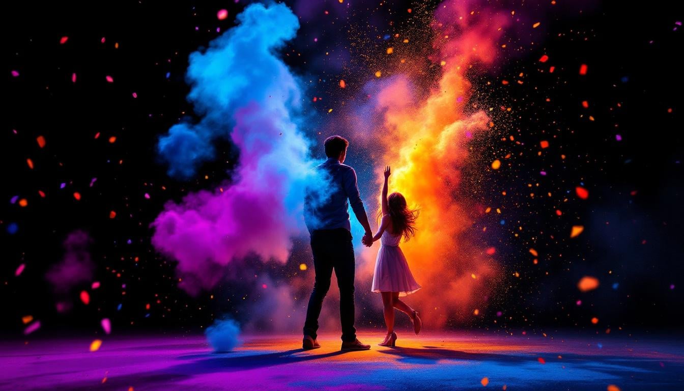 Canon à poudre Holi coloré lors d'un gender reveal, nuage de fumée rose et bleue spectaculaire