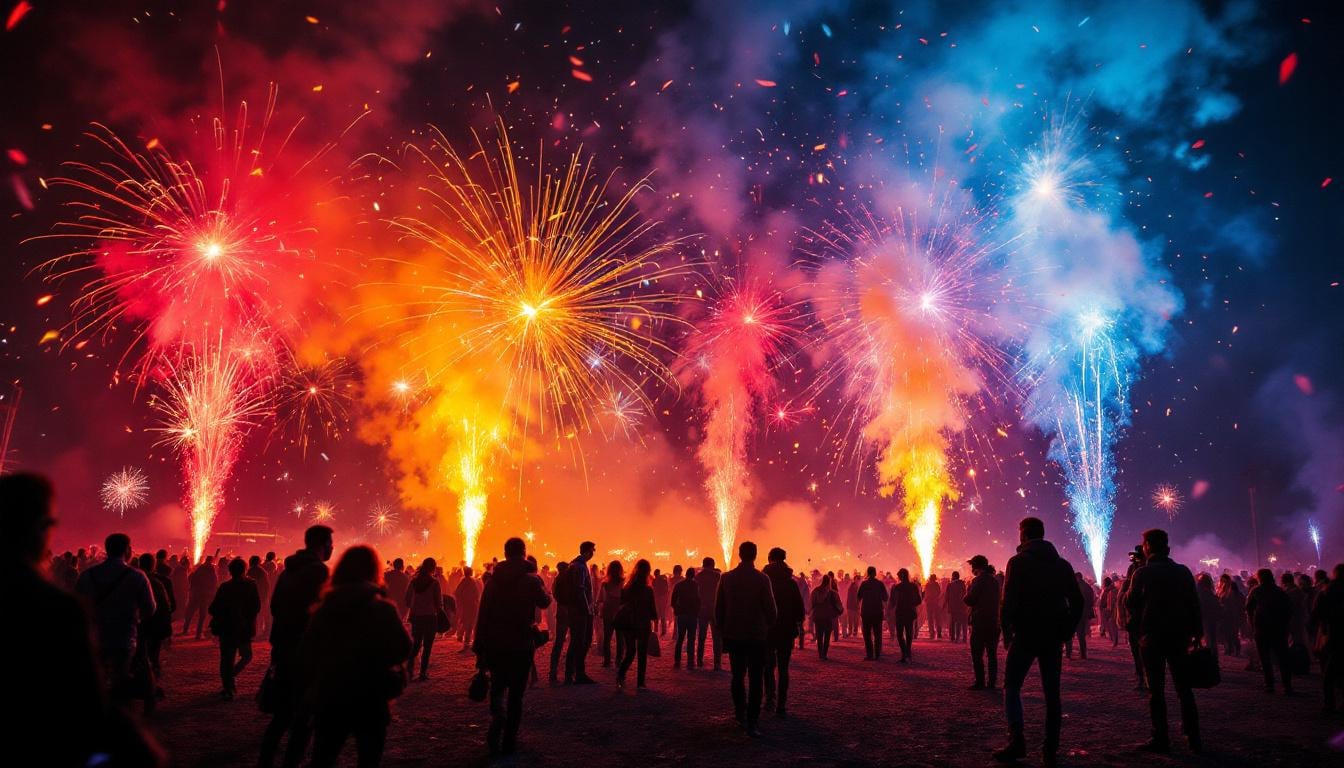 Fumigènes supporters colorés dans un stade la nuit, ambiance festive rouge et orange dans les tribunes