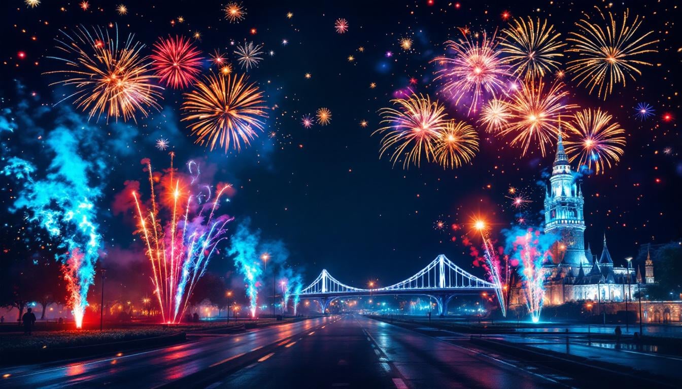 Feux d'artifice royaux français illuminant le ciel nocturne en rouge, bleu et violet – histoire feux d'artifice