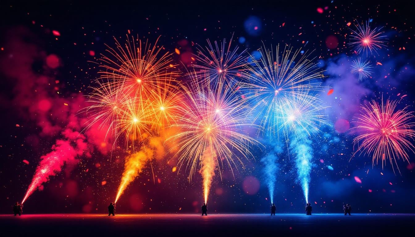 Jets de scène colorés projetant des étincelles et effets pyrotechniques lors d'un événement spectaculaire nocturne