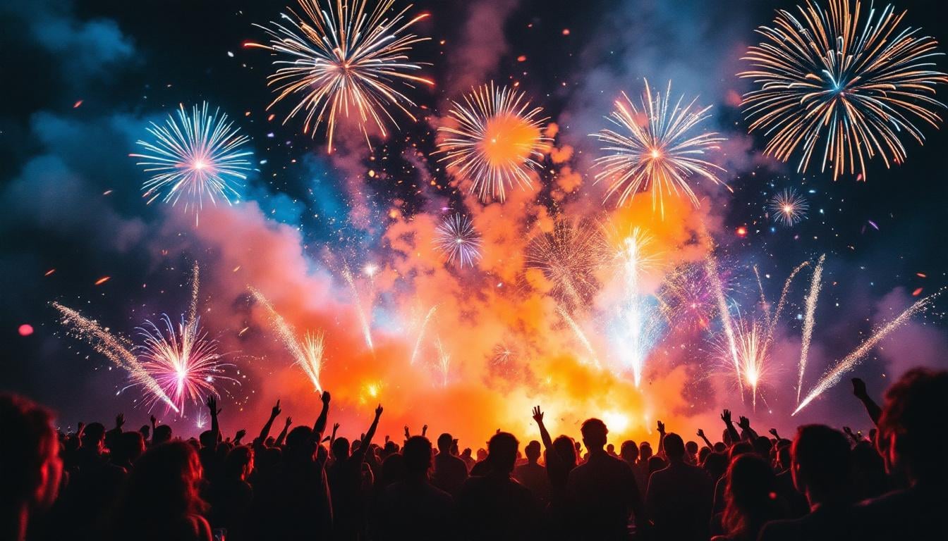 Jets de scène colorés projetant des effets pyrotechniques vifs lors d'un événement festif nocturne
