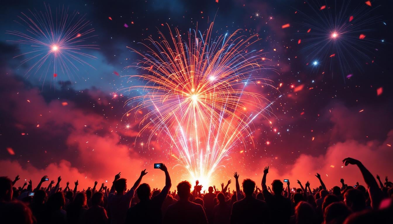 Jets de scène pyrotechniques colorés avec étincelles et fumée lors d'un événement festif nocturne