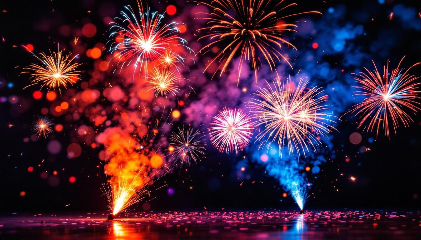 Feu d'artifice 14 juillet avec explosions colorées rouges, bleues et violettes dans un ciel nocturne