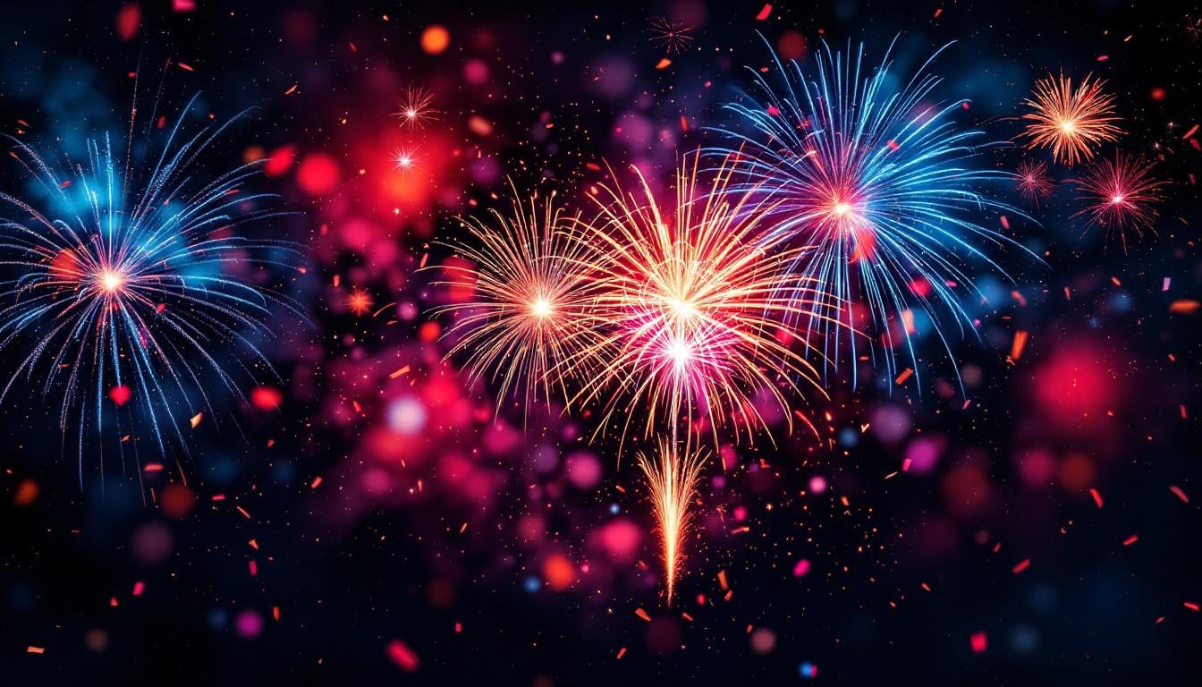 Feu d'artifice 14 juillet : réglementation pyrotechnique illustrée avec des feux colorés dans la nuit