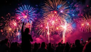 Feu d'artifice du 14 juillet illuminant le ciel nocturne en rouge, bleu et violet