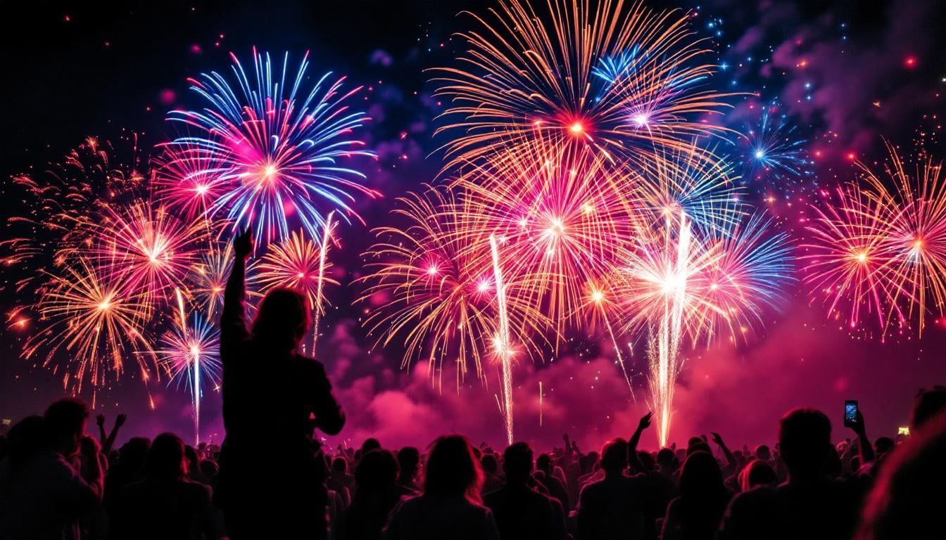 Feu d'artifice du 14 juillet illuminant le ciel nocturne en rouge, bleu et violet