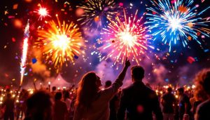 Promotions Zenda Club : feux d'artifice et fumigènes colorés explo sant lors d'un événement festif nocturne