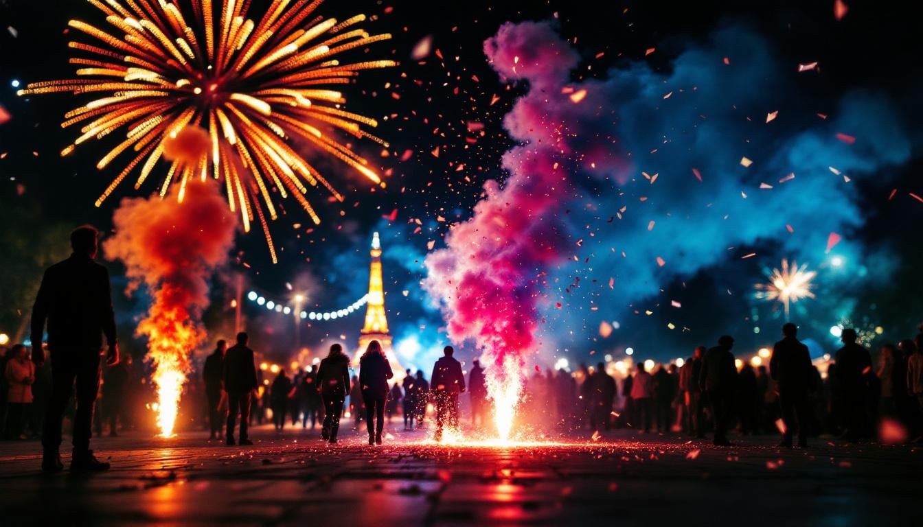 Promotions Zenda Club : feux d'artifice et fumigènes colorés lors d'un événement festif nocturne